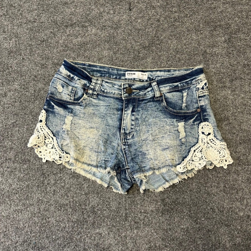 Denim Inside Shorts Womens Size 38 Blue Acid Wash Lace Trim Distressed Cut Off